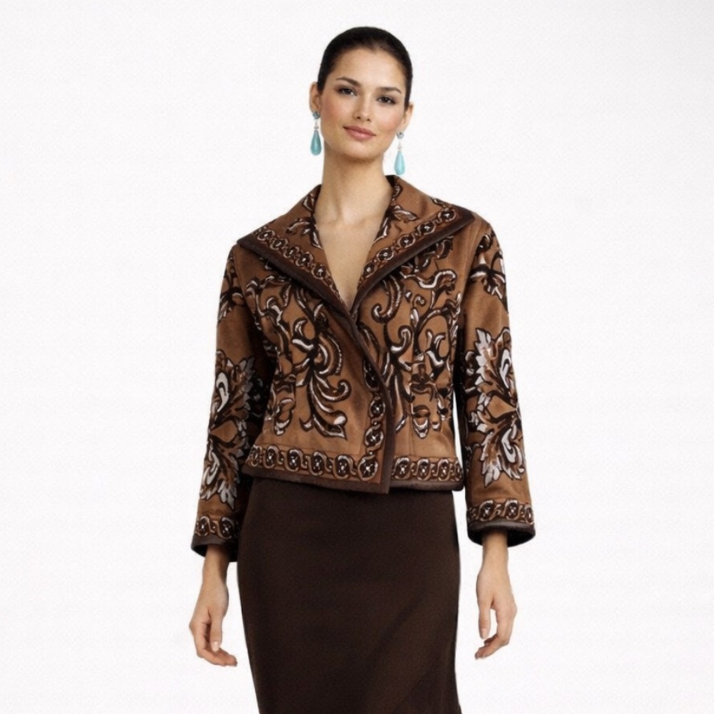 St. John Brown jacket Blazer with Intricate Pattern and Black Trim
